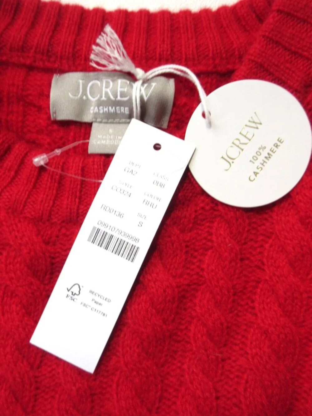 NWT J.Crew Perfect Cashmere Cable-knit Crewneck Sweater in Radiant Ruby Red S